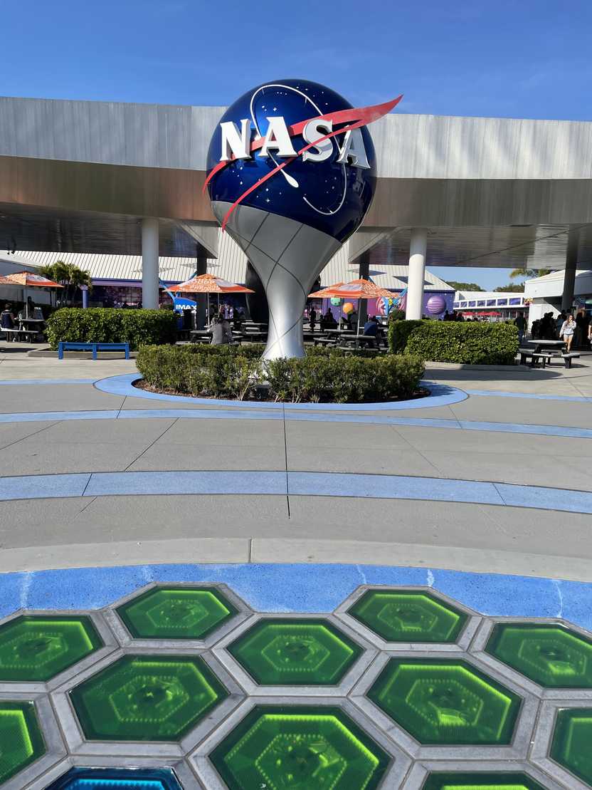 A globe labeled NASA at the Kennedy Space Center. A globe labeled NASA at the Kennedy Space Center.