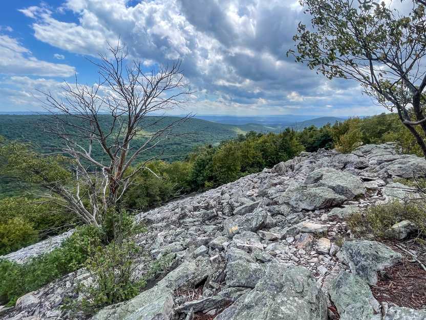 A view of rolling green hills in the distance, with piles of white boulders in the foreground.