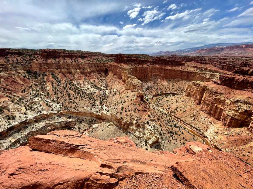 A curved gorge that resembles a S is surrounded by orange cliffs. This is the views at the Goosenecks Overlook.