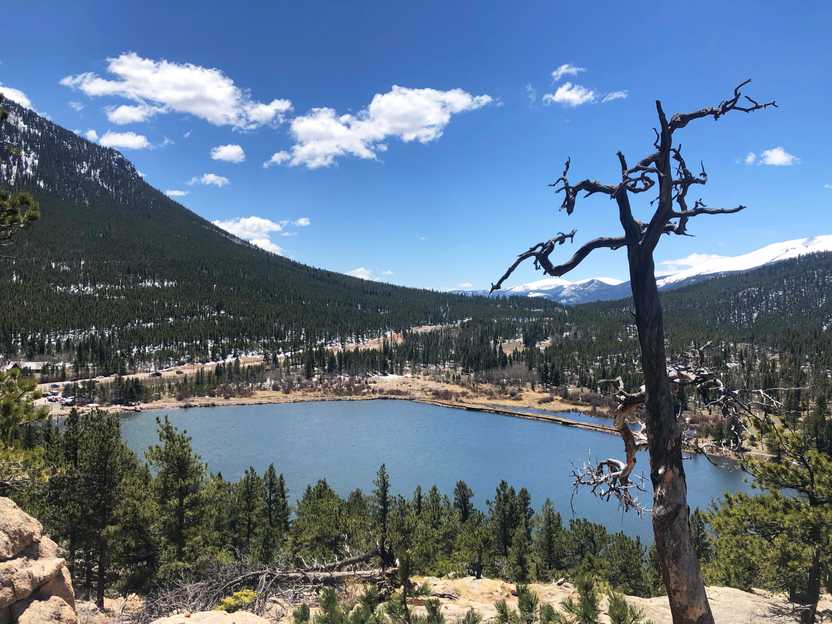 Looking down at a small, blue lake surrounded by green trees.