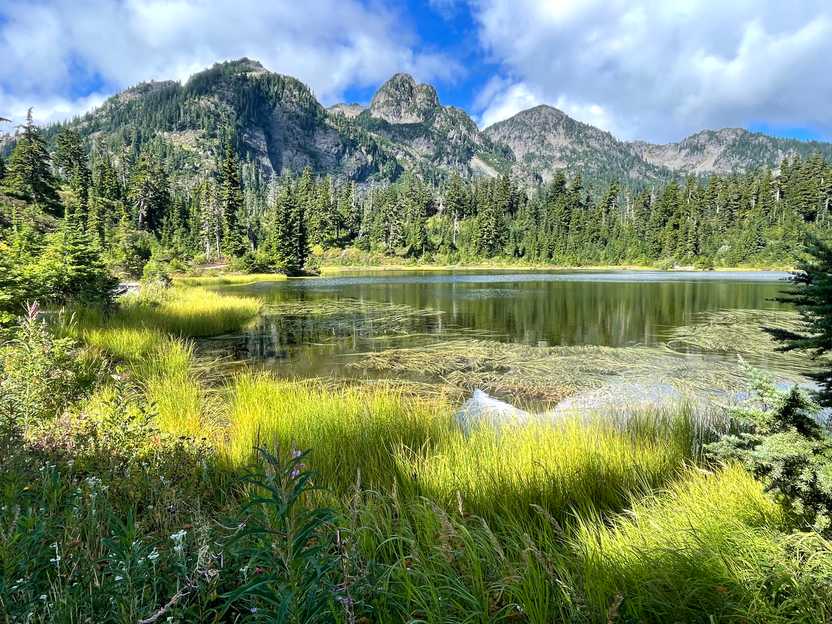 A view of Picture Lake with a mountain in the background.