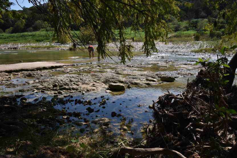 A shallow river area with rocks