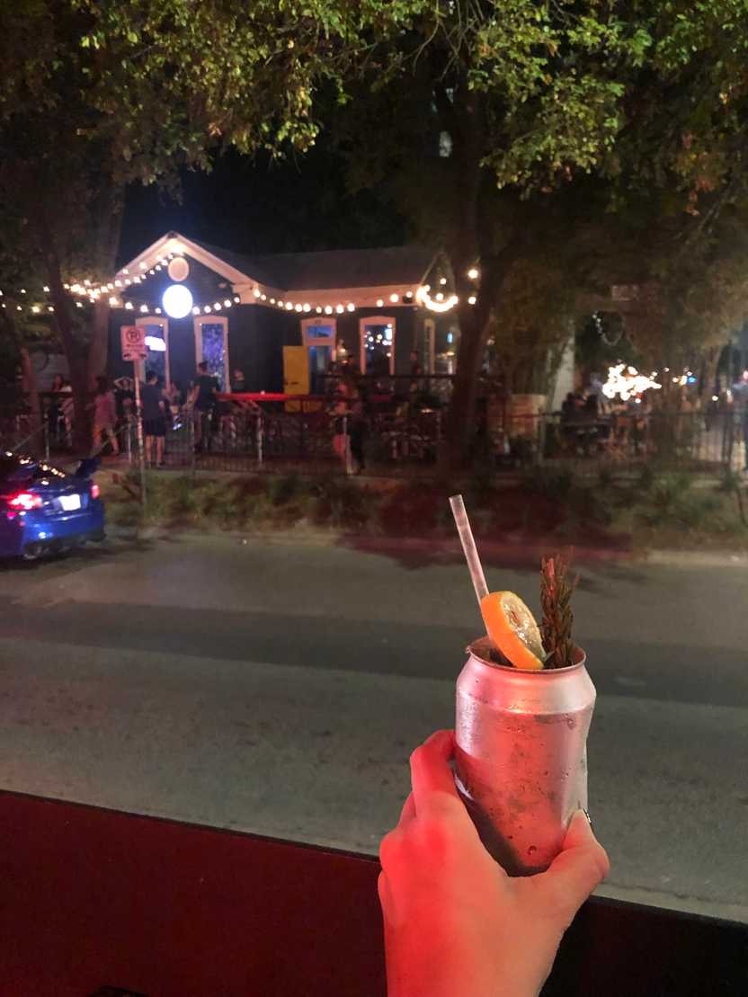 A cocktail in a silver can on Rainey Street.