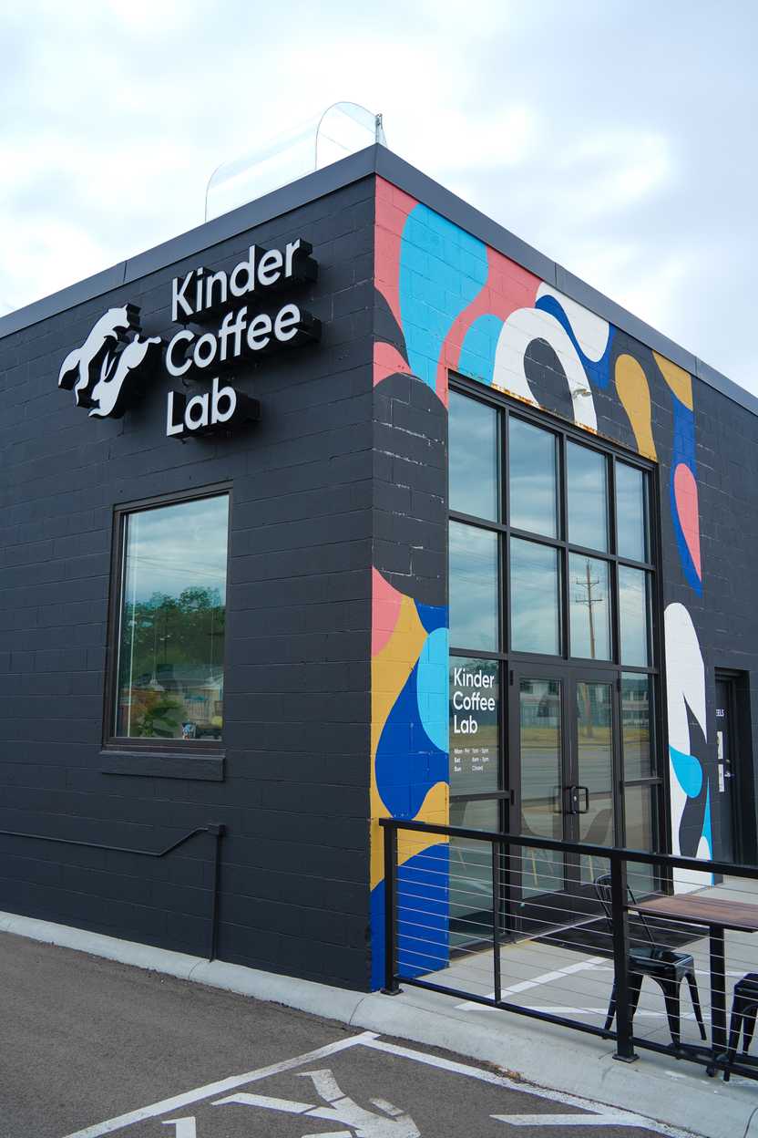 The exterior of Kinder Coffee Lab. The building is black on one side but has an abstract design with blue, yellow, pink and white on the other. The exterior of Kinder Coffee Lab. The building is black on one side but has an abstract design with blue, yellow, pink and white on the other.