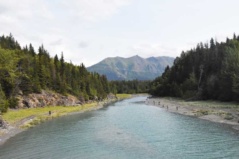 A river with people fishing along the water and a mountain in the distance.