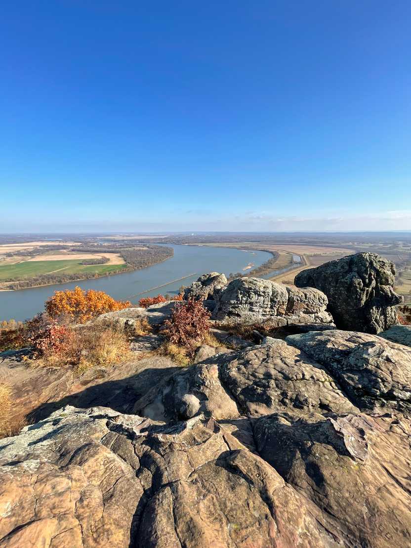 A view looking down at a curve in the Arkansas River inside of Petit Jean State Park, Arkansas.