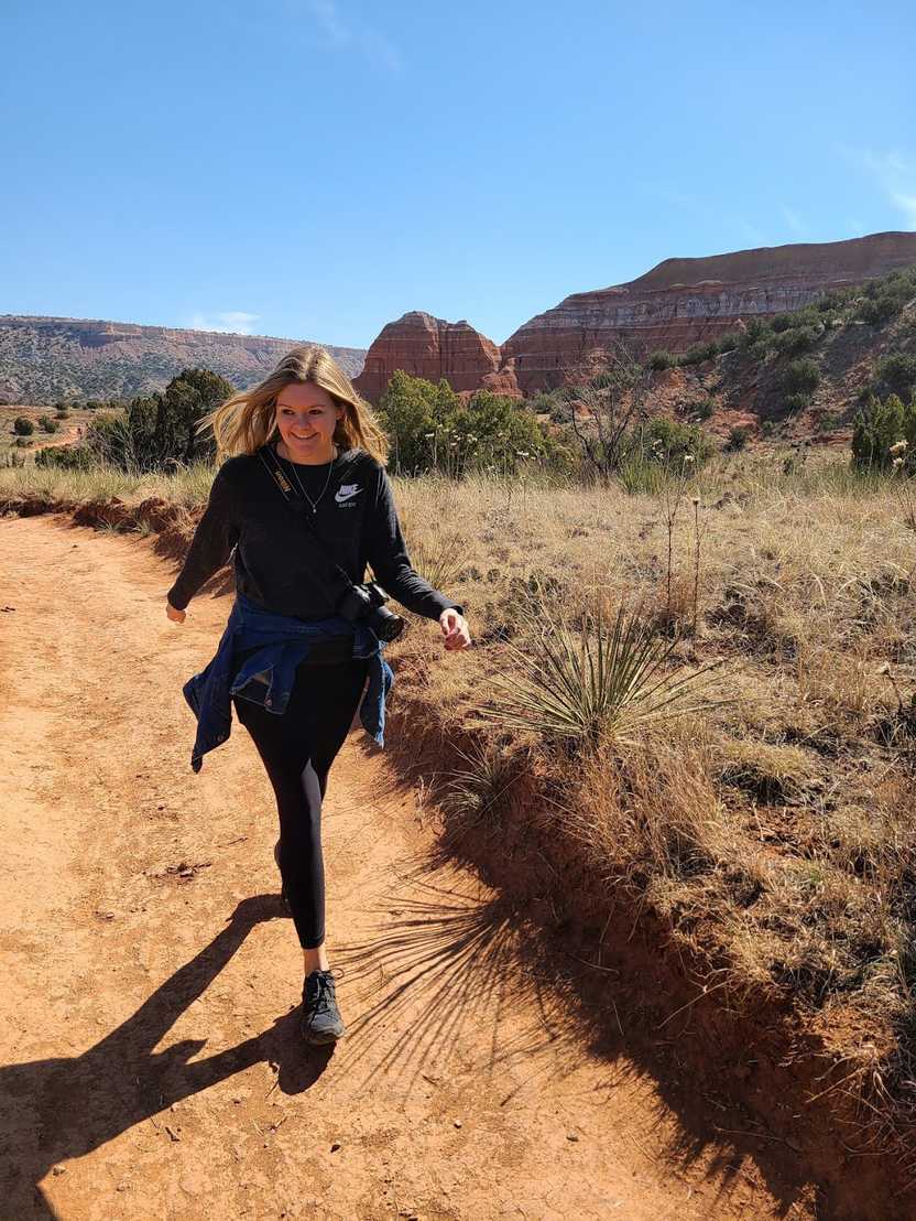 Lydia hiking on the trail to lighthouse rock in Palo Duro.