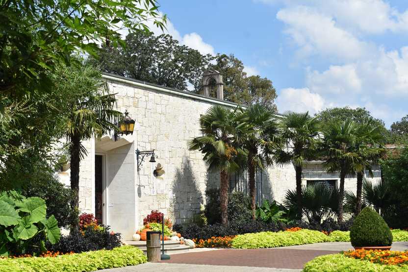 A white stone building surrounded by palm trees, green and yellow flowers. A few pumpkins are sitting next to the doorway.