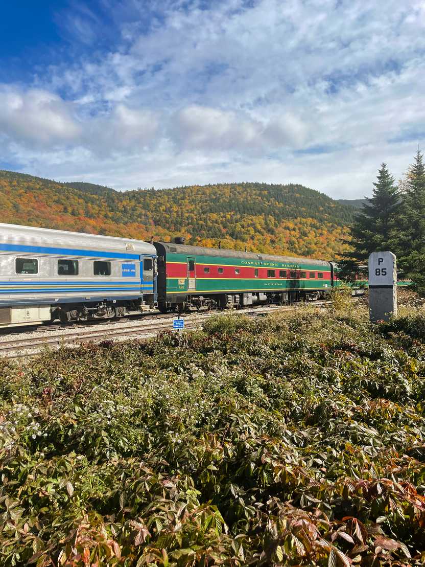 The Conway Scenic Railroad parked in front of a mountain covered in orange trees.