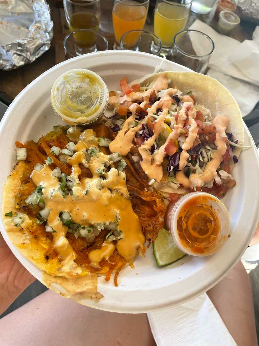 A plate of two tacos from Calle 75 Street Tacos in Boise.