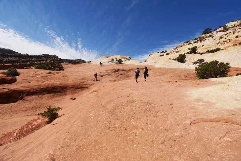 Some hikers on a large orange rock face.