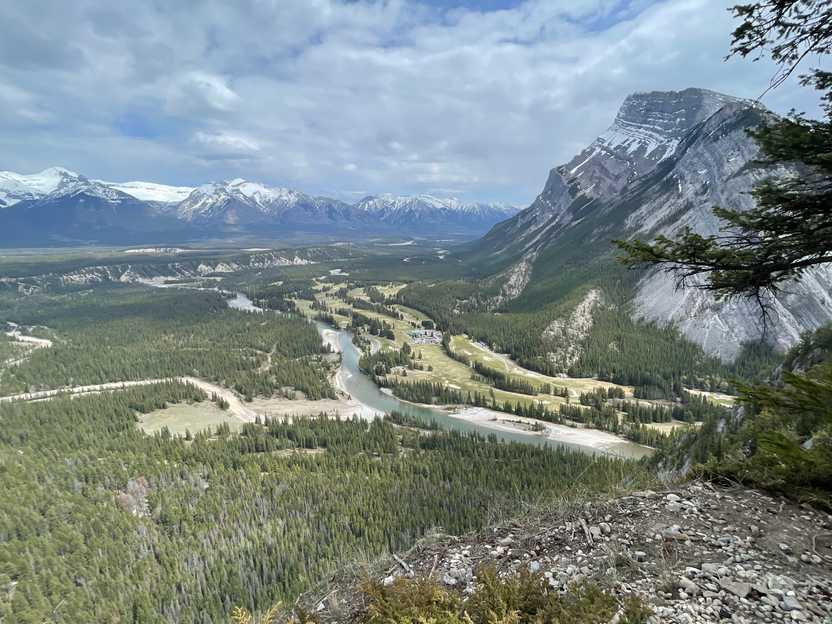 The view from Tunnel Mountain. There is a valley full of trees and a river, plus a mountain on the right side of the frame.