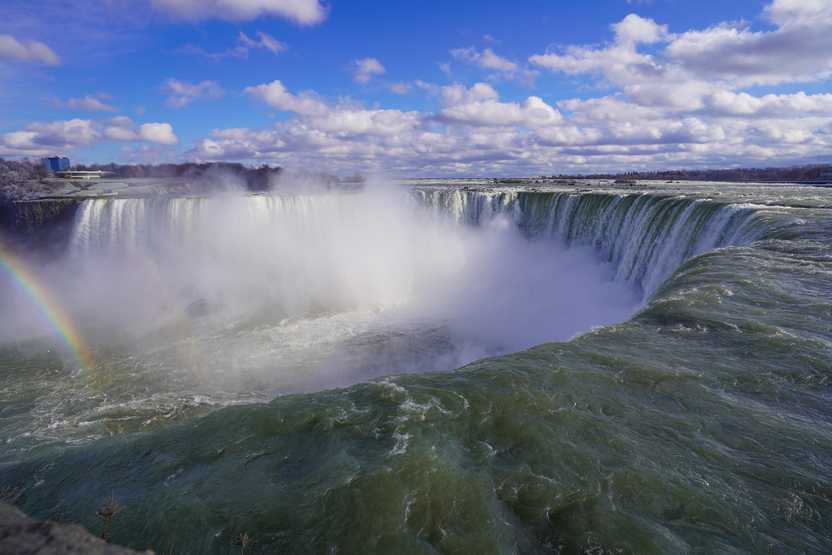 A view of Horseshoe Falls with a rainbow on the left side of the photo.