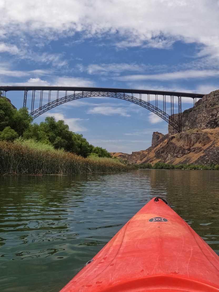 Kayaking towards the Perrine Memorial Bridge on the Snake River. Kayaking towards the Perrine Memorial Bridge on the Snake River.