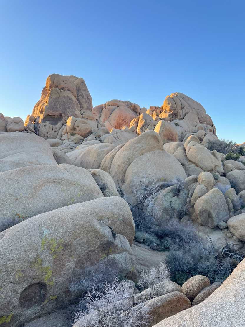 A pile of tan boulders that glow orange at the top during the sunrise.