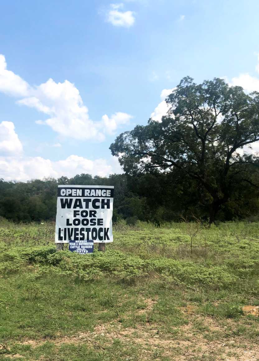 A sign that reads "Open Range: Watch for Loose Livestock."