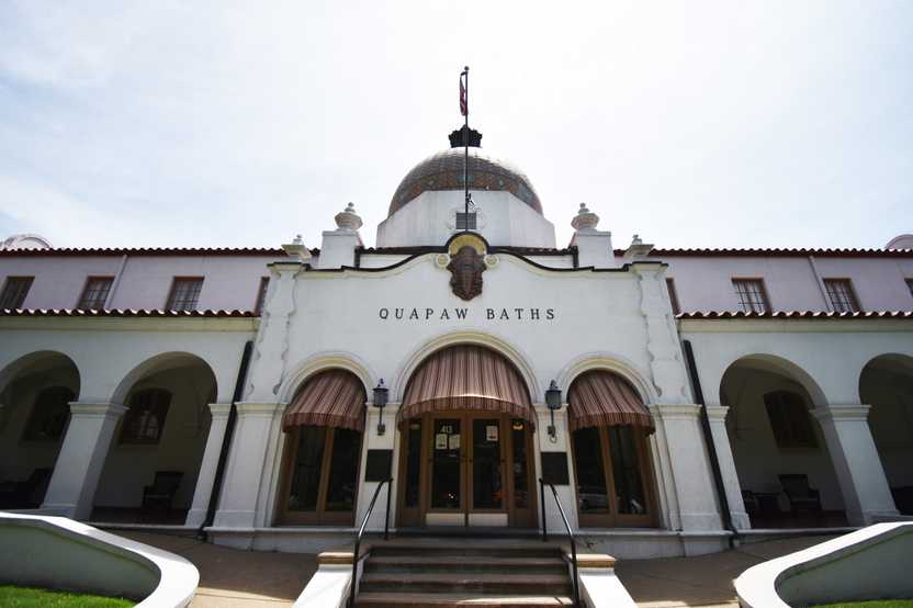 The exterior of the historic Quapaw Bathhouse in Hot Springs, Arkansas.