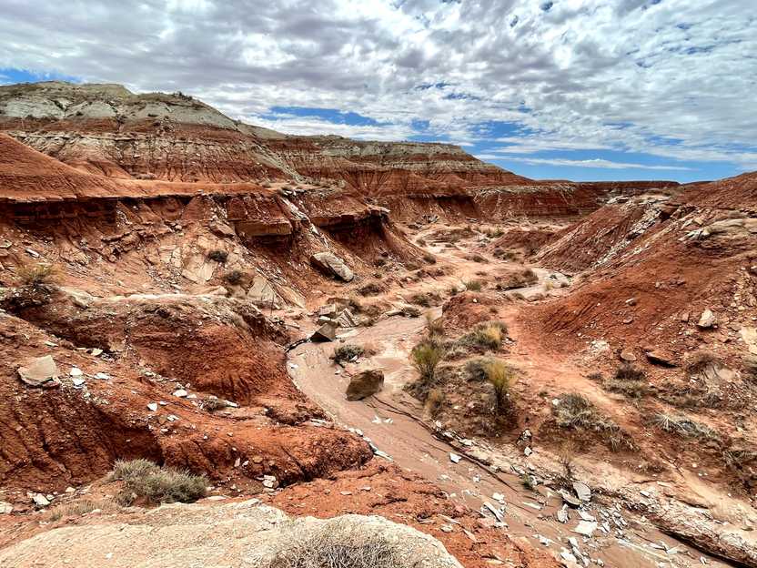 Orange rock formations and a wash on the Toadstool Hoodoos trail.