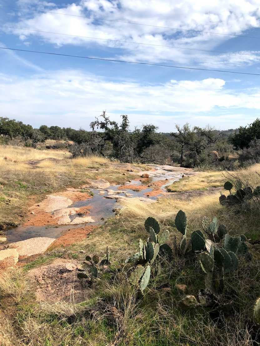 A pink rock path surrounded by tall grass and cacti at Enchanted Rock.