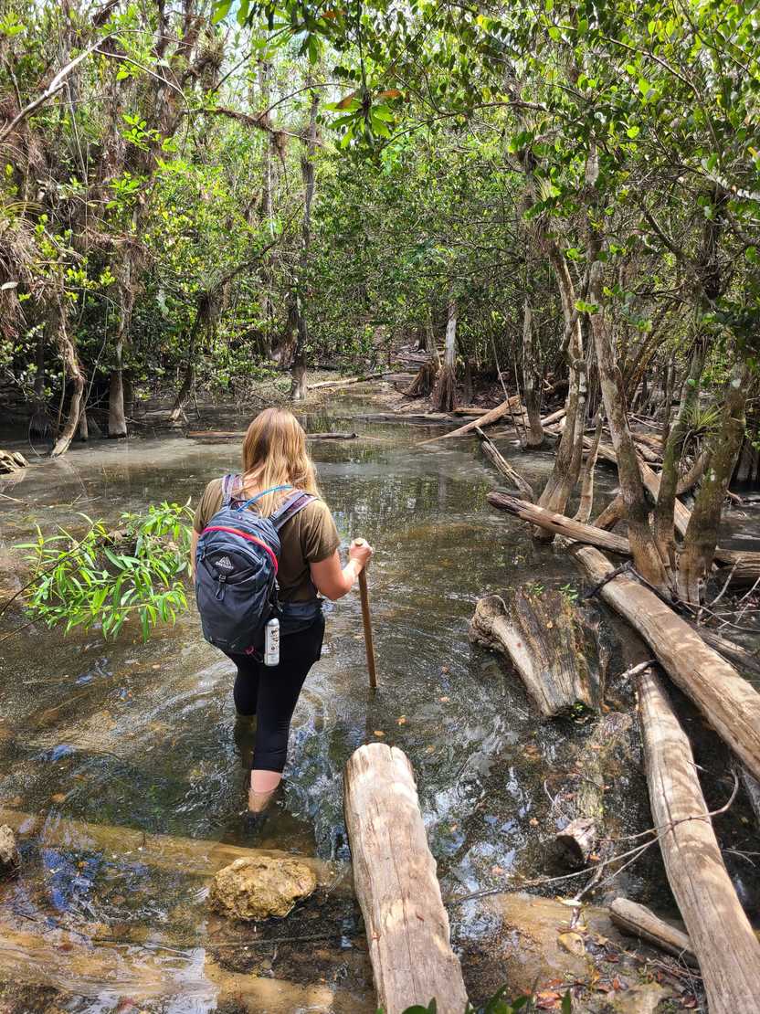 Lydia crossing a river on the Gator Hook trail