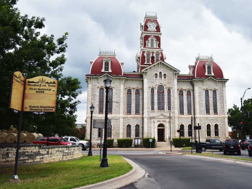 The main courthouse for Park County, which has a distinct red roof