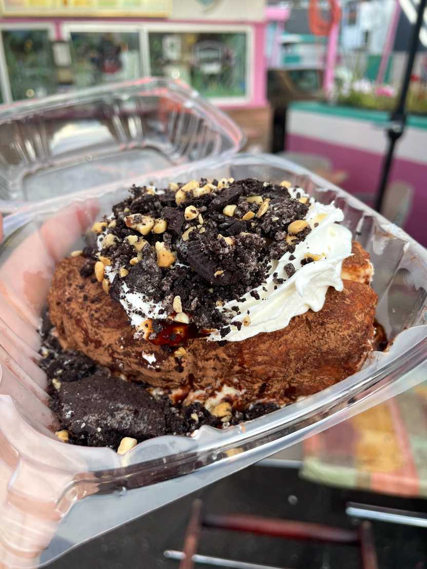 An ice cream sundae made to look like a baked potato.