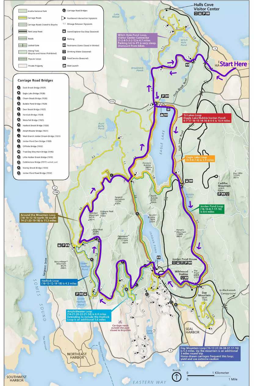 A map where I have labeled the perfect route that I recommend for seeing the Carriage Roads in Acadia.