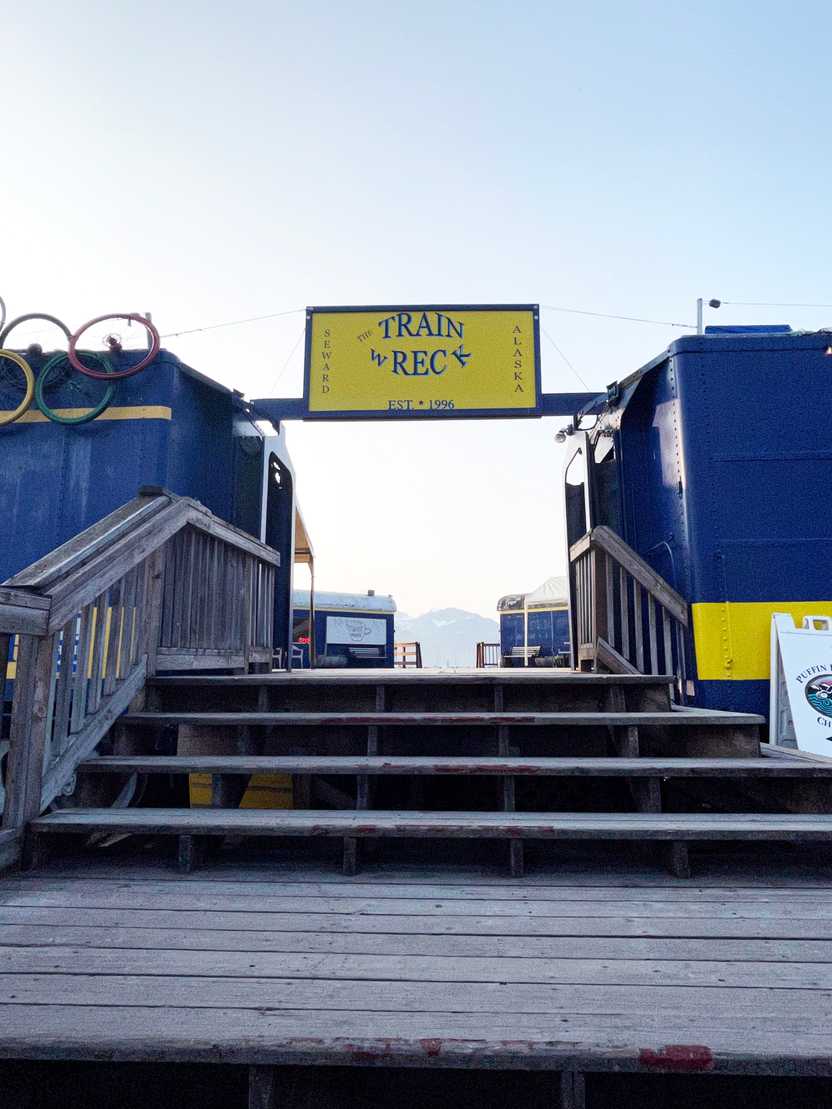 Looking up some steps at the Train Wreck Plaza in Seward.