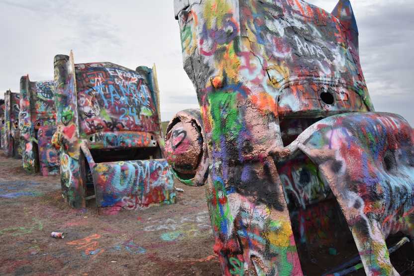 Colorful painted cadillacs at Cadillac Ranch in Amarillo, Texas.