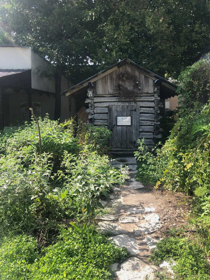 A small wood cabin with greenery in front of it at the Somervell County Museum.