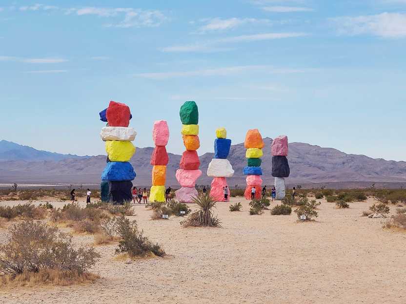 Seven towers of colorful rocks in the Nevada desert.