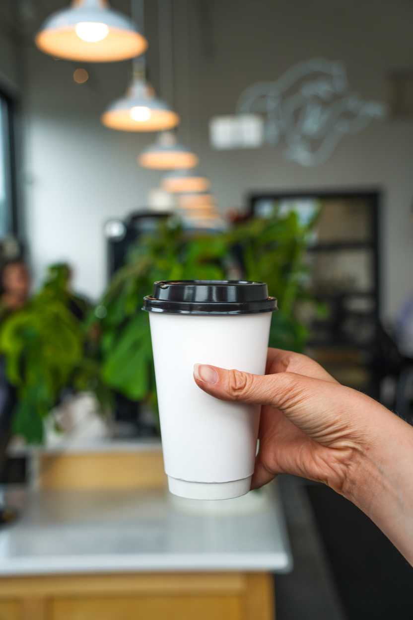 A hand holding a white cup with a black lid A hand holding a white cup with a black lid