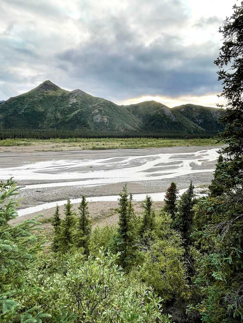 A view of a river wash area at the Taklanika River Rest Stop.