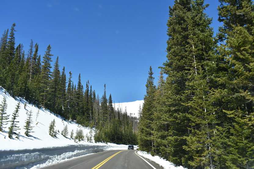 A road with snow next to the road that has been plowed. The snow is piled several feet high.