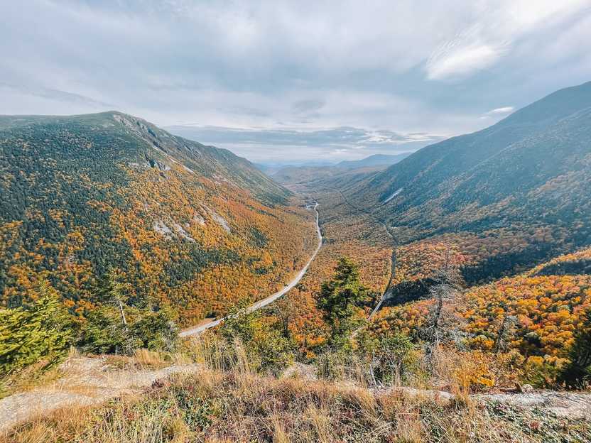 Looking down at a valley surrounded by mountains. There are many colorful, yellow trees and a road in the center of the valley.