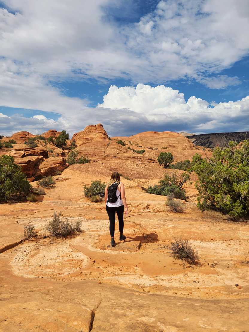 Lydia with her back to the camera hiking in Utah. She has a small black backpack and a white tank top. Lydia with her back to the camera hiking in Utah. She has a small black backpack and a white tank top.