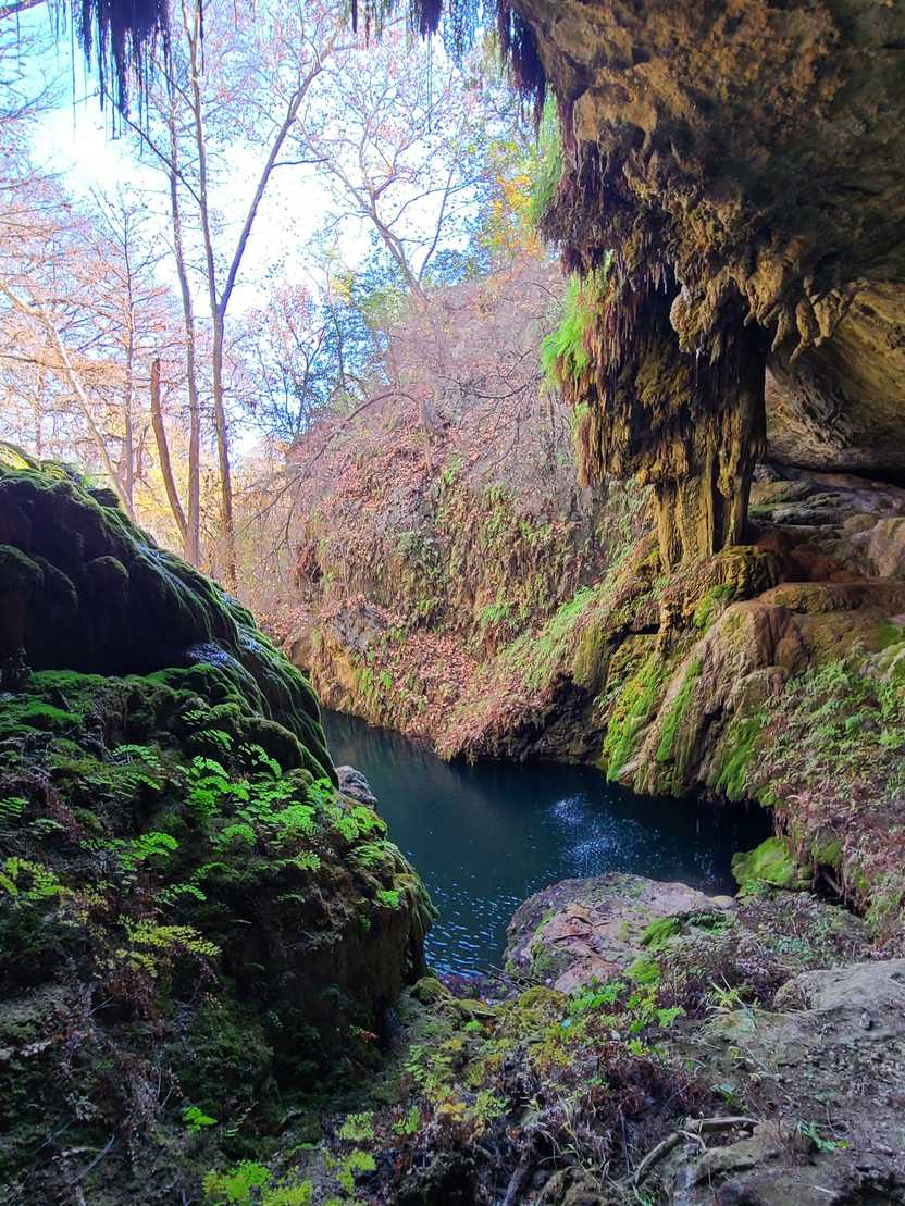 Lush greenery surrounding a blue pool or water at West Cave.