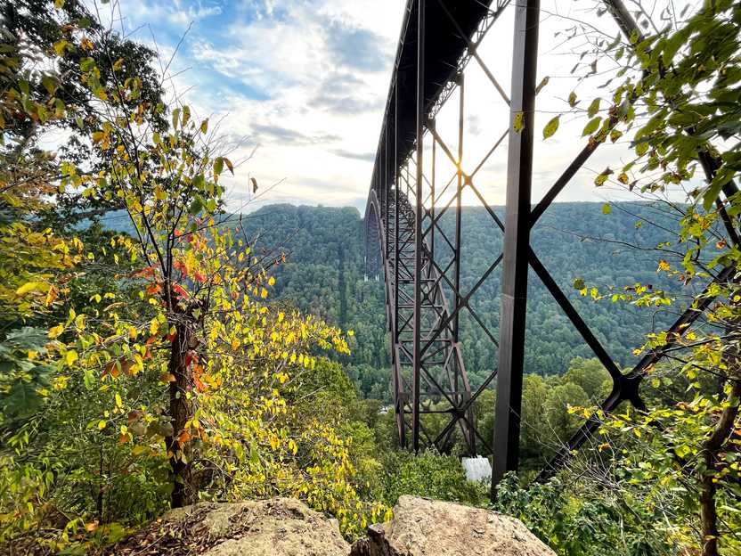Looking under the New River Gorge Bridge from the Fayette Station Road.