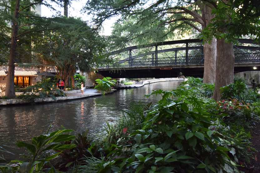 A waterway surrounded by greenery with a bridge going over it.